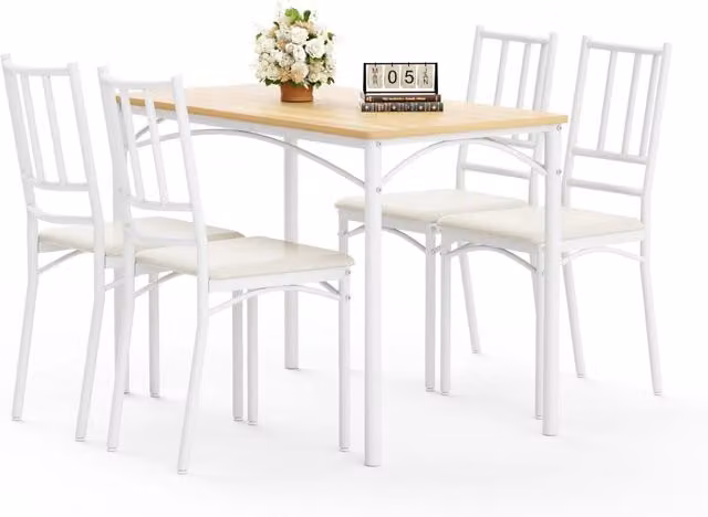 Set tavolo da pranzo industriale con 4 sedie, 110x60x76,5 cm, colore naturale e bianco, per cucina, soggiorno e sala feste