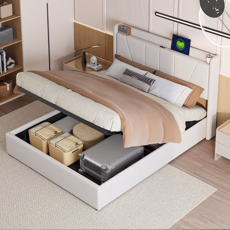 Letto 160x200 cm con porta USB di tipo C, spazio contenitore e rete a doghe, colore beige