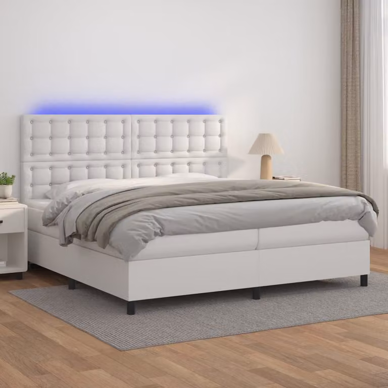 vidaXL Giroletto a Molle con Materasso in Similpelle Bianco con Illuminazione LED e Porte USB L/P/H: 200 x 200 x 128 cm
