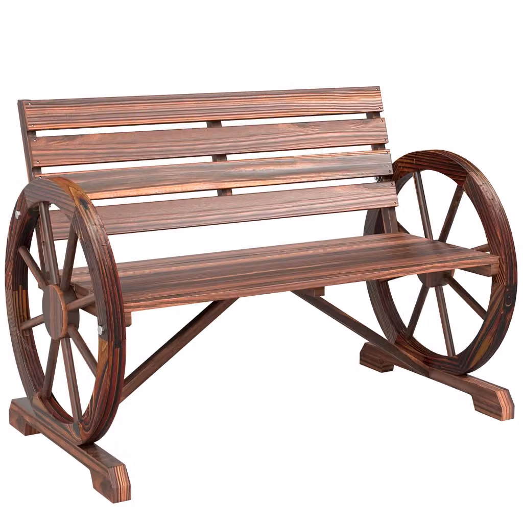 Panchina da Giardino Minimal a 3 Posti in Legno di Pino Carbonizzato Marrone con Braccioli e Ruote – 2
