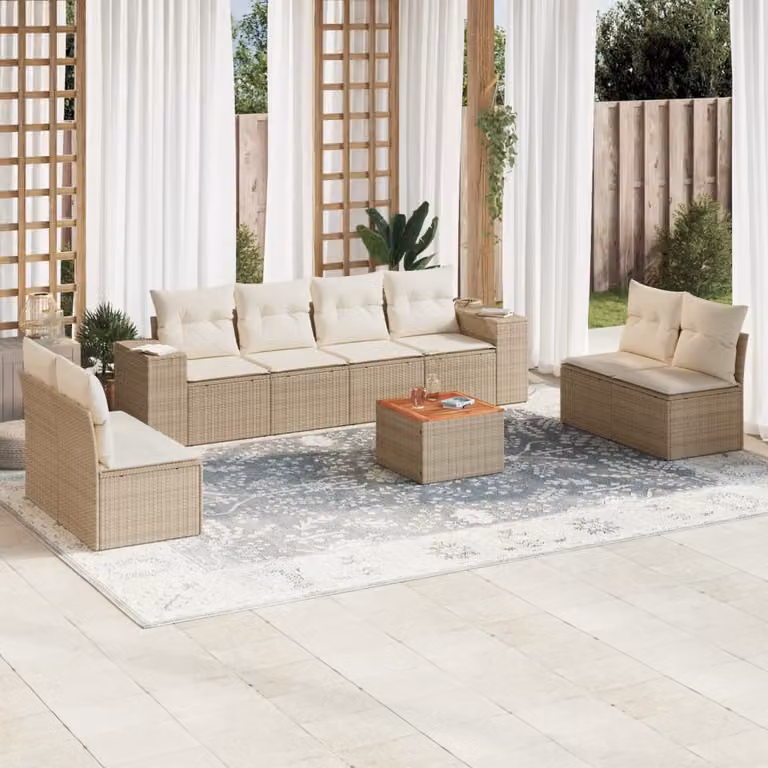 Set Divano da Giardino vidaXL 9 pz con Cuscini Beige e Tavolino, Design Moderno a U in Polyrattan e Acciaio con Coperture Rimovibili