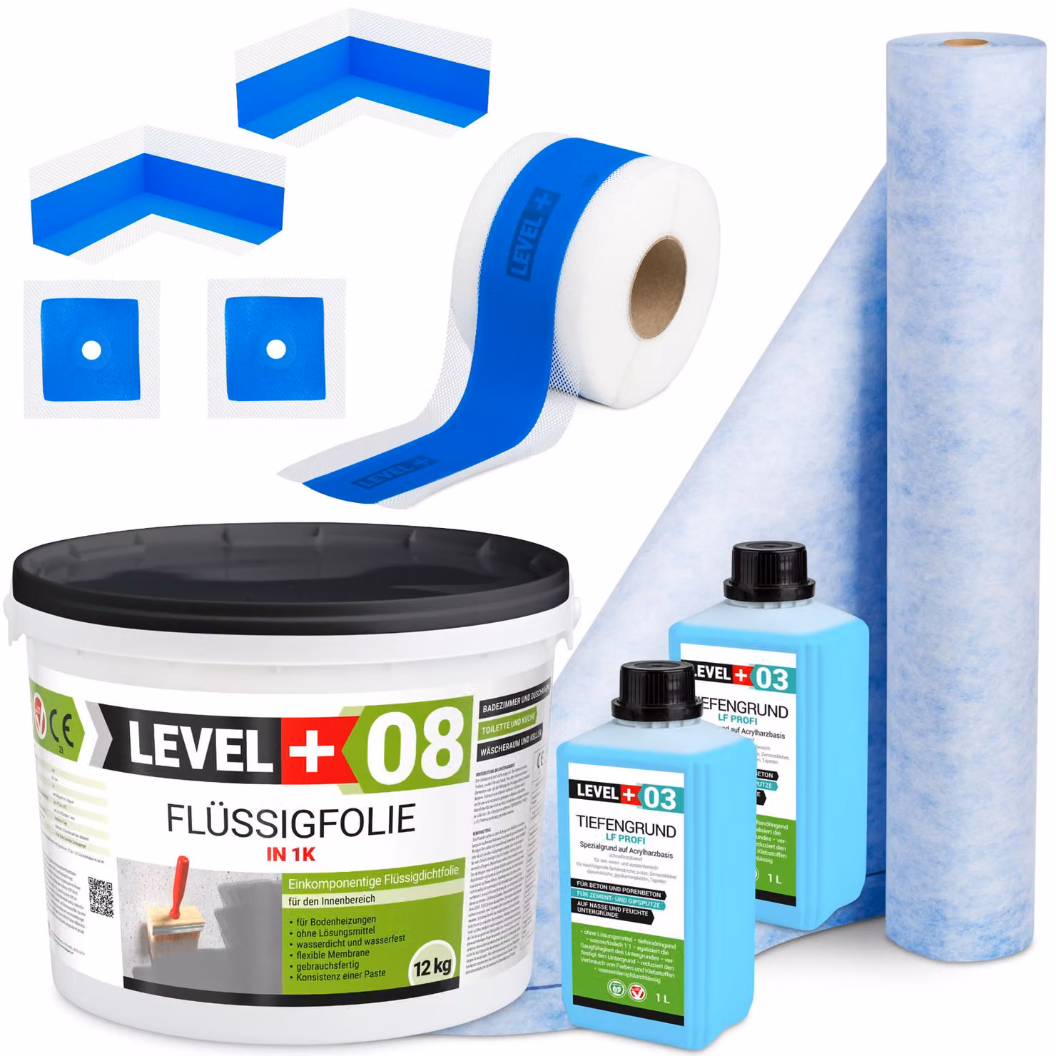 Kit di impermeabilizzazione Foglio liquido 12kg Nastro sigillante 10mb Mat 2mb Primer 2l Bagno doccia - LEVEL+ SET330
