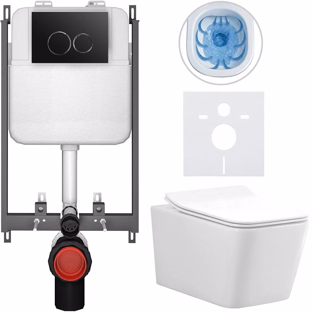 CERANO - Set completo per WC a pavimento Forte - bianco lucido - pulsante Prime/Duoalo, nero - da incasso - 51x36 cm