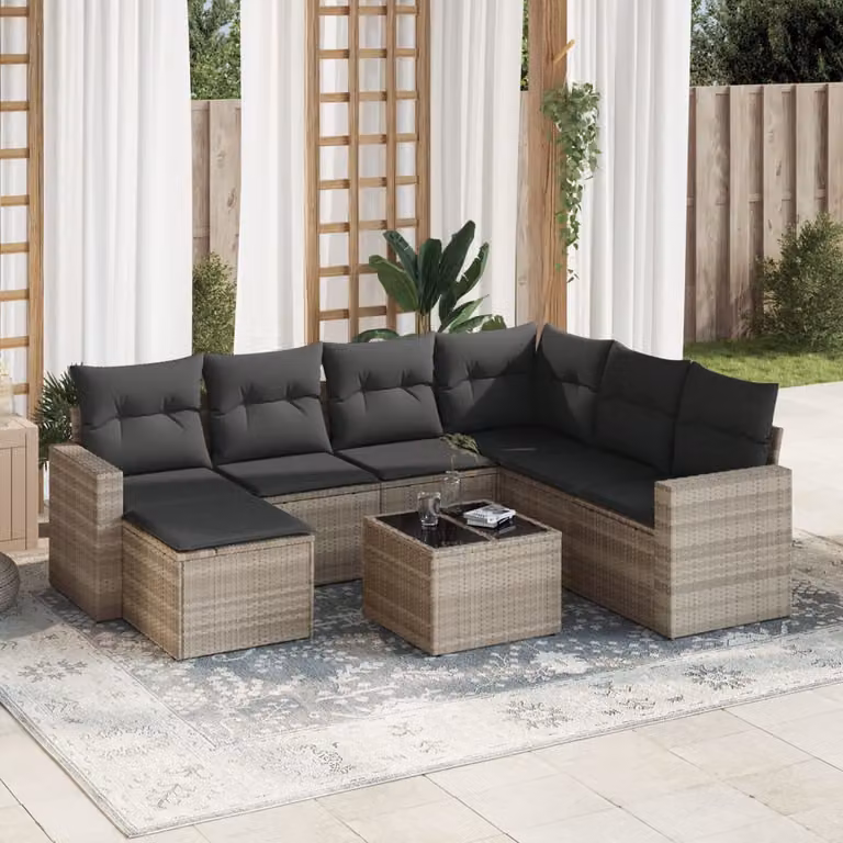 Set Divano da Giardino a L vidaXL in Polyrattan Grigio con 8 Pezzi e Cuscini Imbottiti