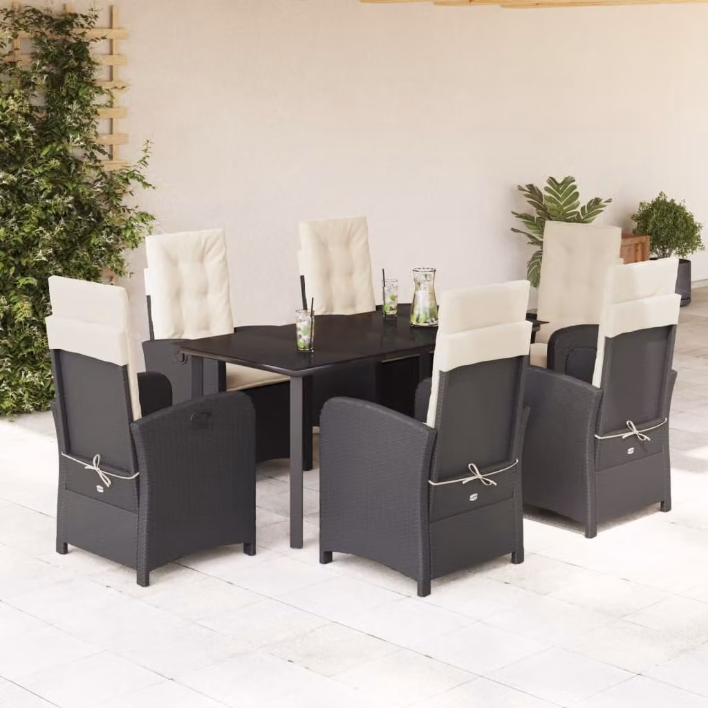 Set da Pranzo da Giardino vidaXL 7 pz in Polyrattan Nero con Piano in Vetro – 1