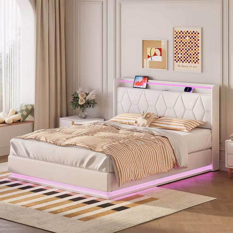 Letto imbottito 140x200cm con contenitore e testata, con illuminazione LED e connessione USB, beige