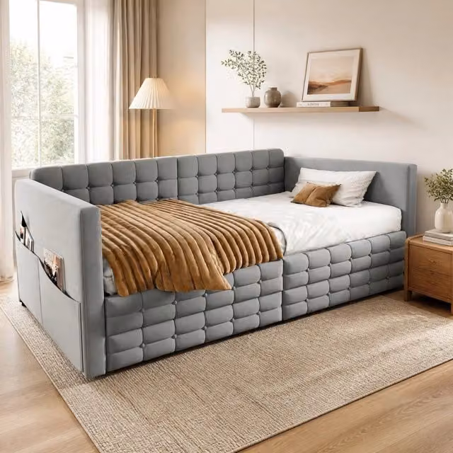 Letto imbottito 90x190 cm in velluto grigio chiaro con cassetti e tasche laterali