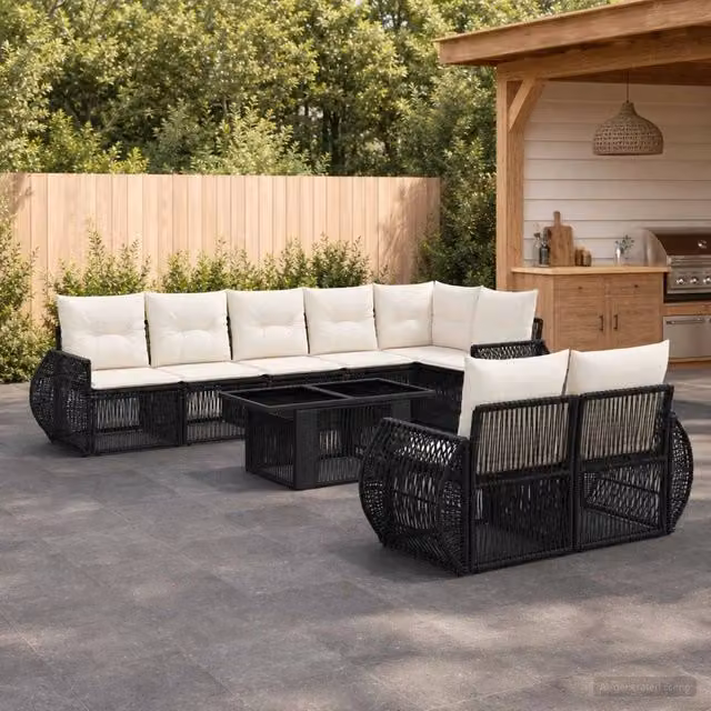 Set Divano da Giardino 9 pz Nero e Bianco Crema polyrattan 3436972