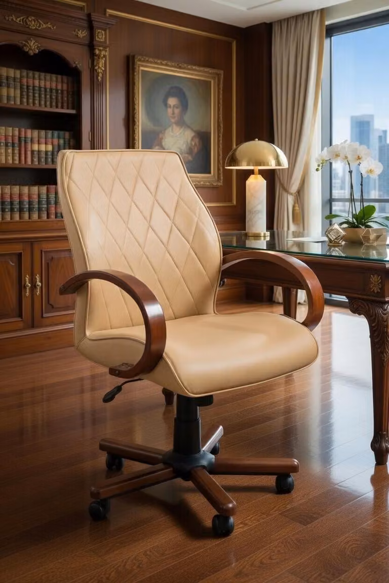 Sedia da ufficio elegante, color beige, con altezza regolabile e braccioli in legno