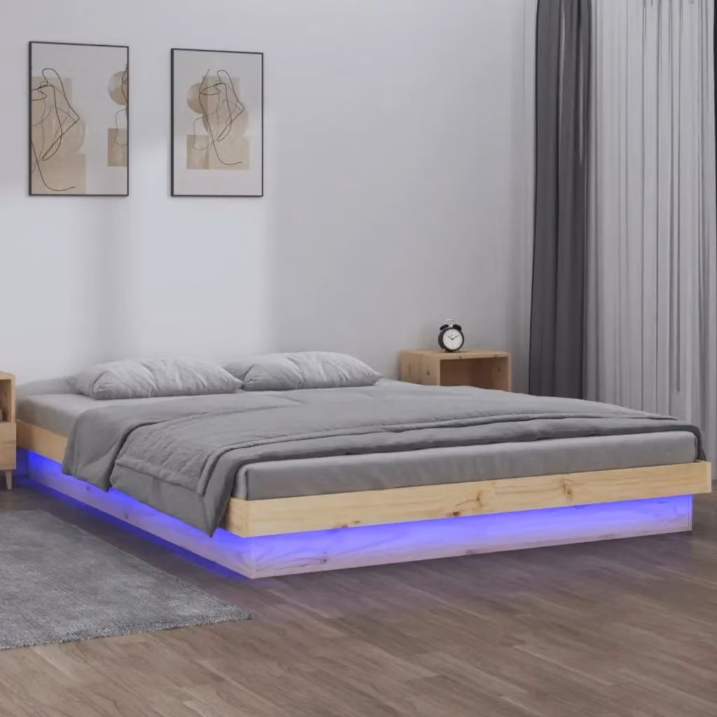Letto matrimoniale Small Double DESIGN IN in legno massello di pino con illuminazione LED sottostante e porta USB, colore grigio, L/P/H: 120 x 200 x 123,5 cm – 2