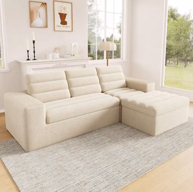 Divano angolare modulare ULEVR 253x161x89 cm con pouf, design senza telaio in velluto a coste beige