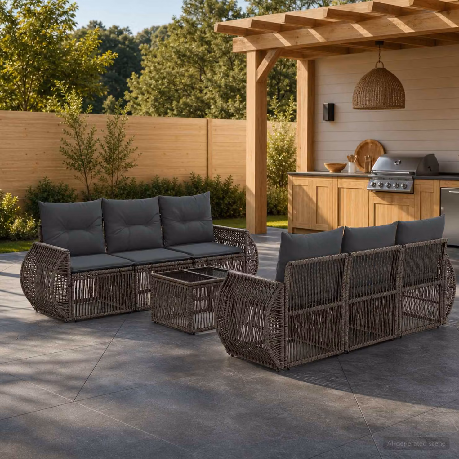 Set Divano da Giardino vidaXL 7 Pezzi in Polyrattan Grigio con Cuscini e Tavolino