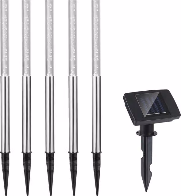 Set di 5 faretti solari LED Monzana® per giardino e sentieri, luce bianca, finitura argento e bianco, con sensore crepuscolare e protezione IP44 – 1