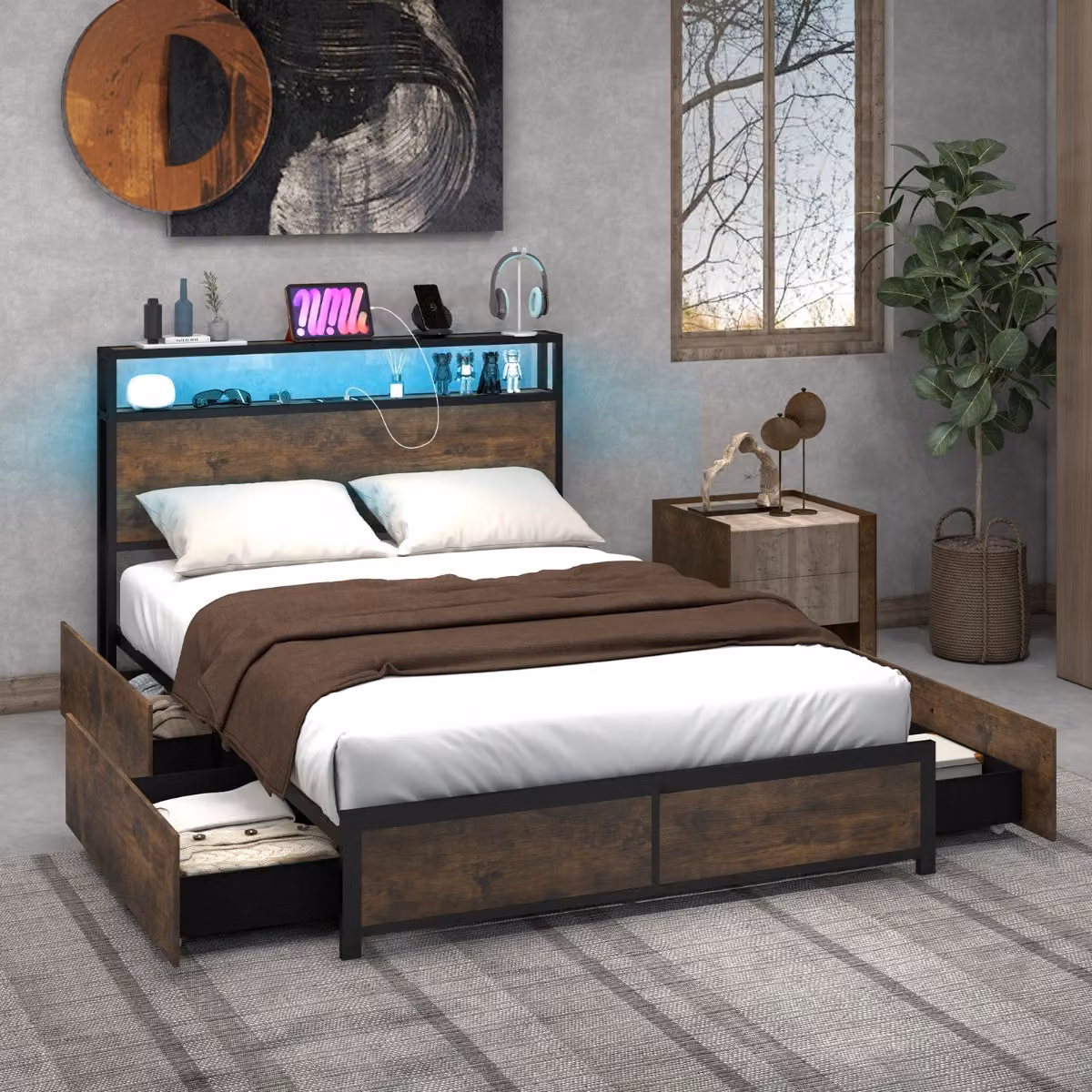 Letto matrimoniale Costway con cassetti, testiera con luci LED, presa USB e mensola, struttura in metallo marrone, H x L x P: 102 x 144 x 216 cm – 3