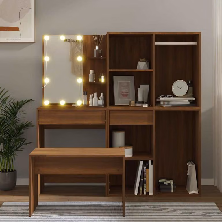 Set Tavolo da Toeletta con LED vidaXL Hollywood in Rovere Marrone con Finitura Opaca L: 140 cm, P: 40 cm, H: 60 cm