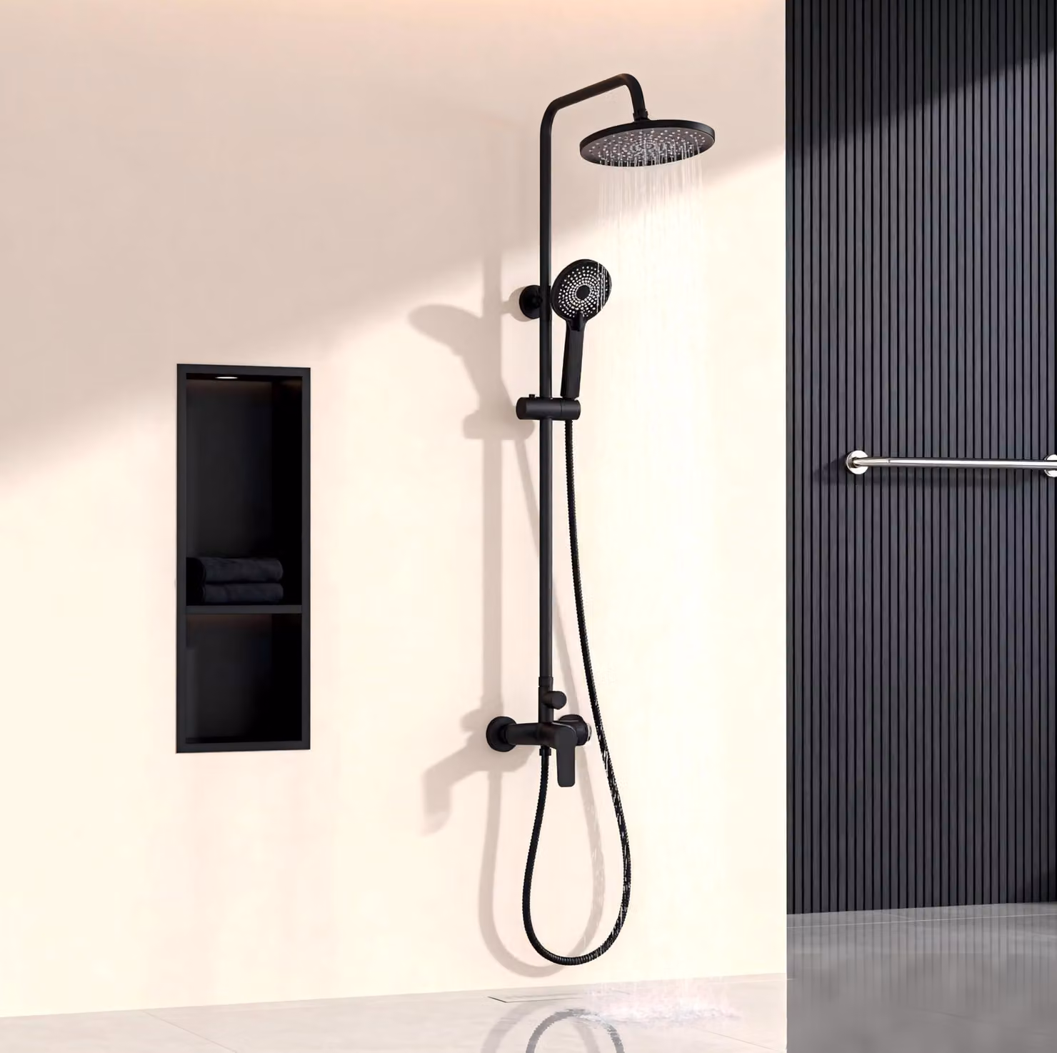 Colonna doccia con soffione rotondo, 3 tipi di getto, colore nero
