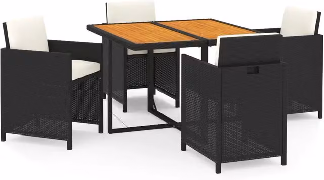 Set da Pranzo da Giardino 5 pz in Polyrattan e Legno di Acacia con Cuscini Nero e Bianco