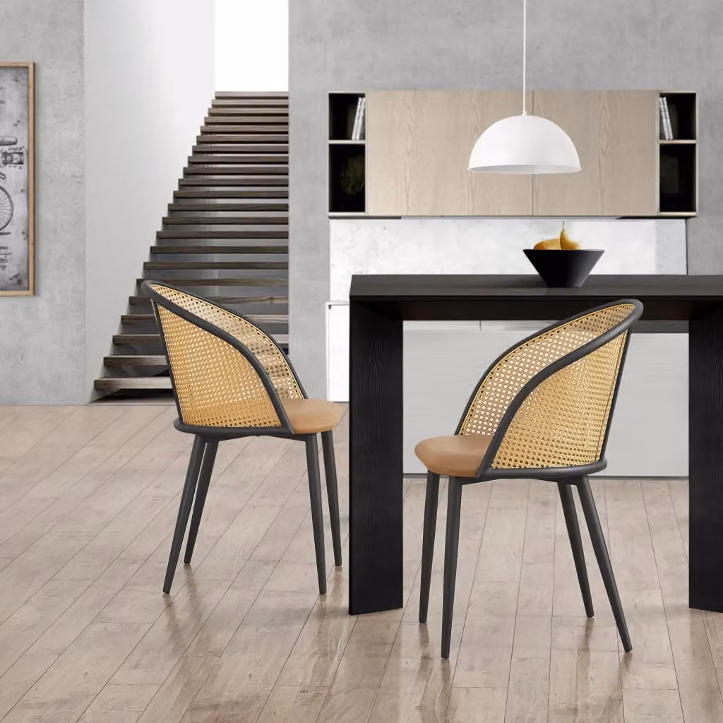 Set di 2 Sedie Gagnef en.casa in Similpelle Marrone con Schienale in Rattan e Struttura in Metallo Nero – 2