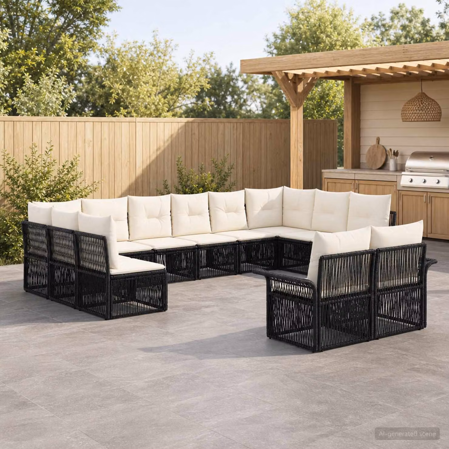 Set Divano da Giardino a Forma di U vidaXL in Polyrattan Nero con Cuscini Imbottiti e Struttura in Acciaio Verniciato a Polvere