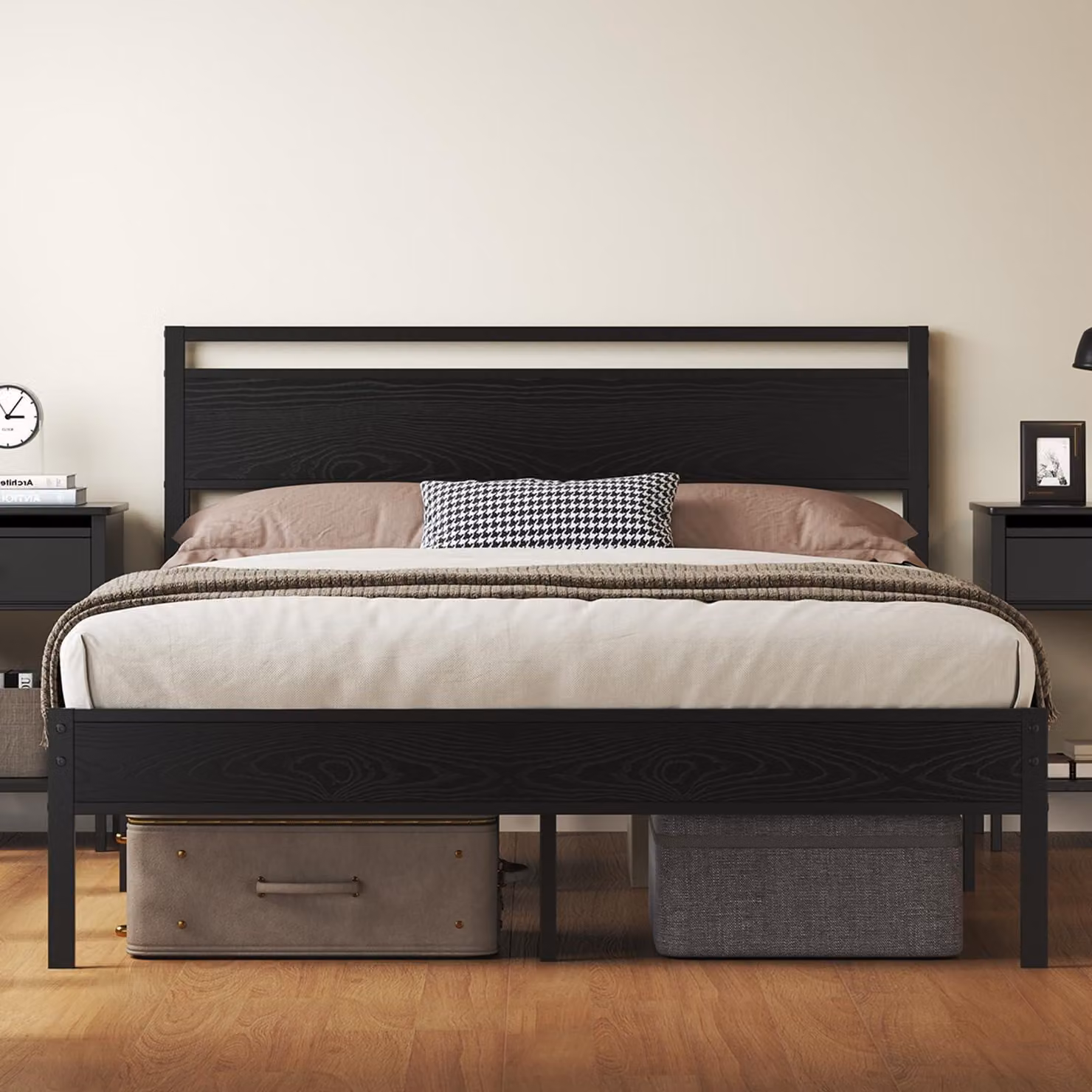 Letto 160x200 cm con rete a doghe, contenitore, colore nero, struttura in metallo