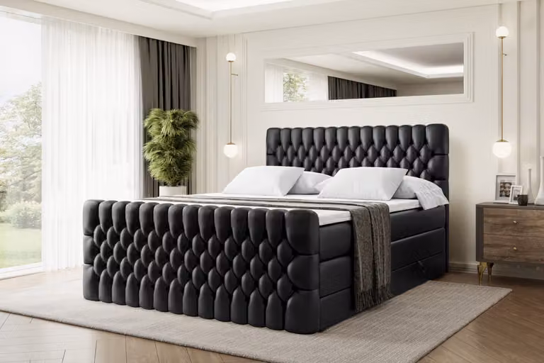Letto boxspring ALTDECOR con pediera, 2 materassi e topper - 140x200 cm - SERENE-Z KING - Pelle finta nera - Letto imbottito con materassi H3 e H4, contenitore e rete a doghe, letto con spazio contenitivo