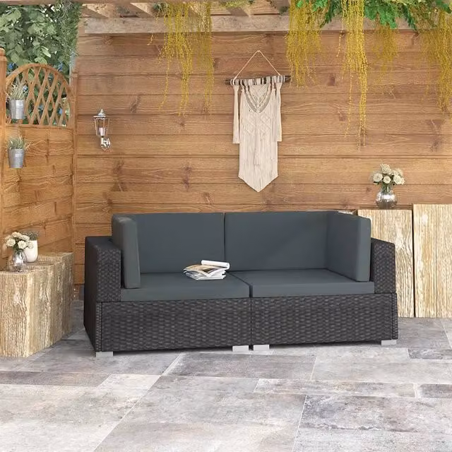 Set di 2 Poltrone Modulari ad Angolo in Polyrattan Nero con Cuscini per Giardino – 1