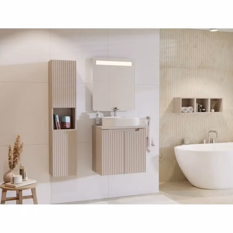 Colonna da bagno Meublorama con 2 ante e nicchia con illuminazione LED, Marrone e Beige, L30 x P25 x H140 cm, da appendere