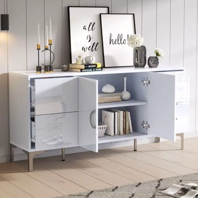 Madia con 4 cassetti e 2 ante senza maniglie in MDF bianco lucido con piedi in metallo 150 × 38 × 59;5 cm