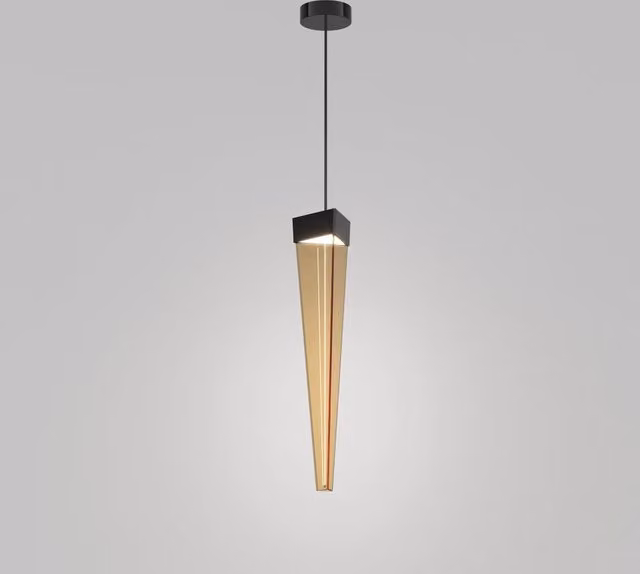 Stalactite Lampada a Sospensione LED di Design, Forma Piramidale, Vetro Colore Ambra e Struttura in Nickel Nero Lucido, Illuminazione 12W 2700K