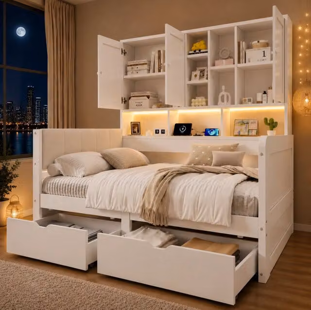 Letto contenitore 90 x 200 cm con LED; USB; USB-C; cassetti e testiera in PU bianca