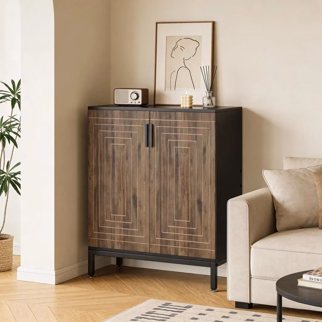 Scarpiera moderna con 2 ante e ripiani interni in MDF e metallo per ingresso o camera da letto, L: 80 cm, P: 38 cm, H: 95 cm, nero o marrone opaco – 2